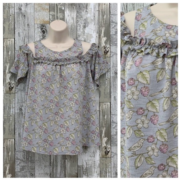#106 LC Lauren Conrad Birds Flowers Boho Cold Shoulder Sleeve Blouse Top Shirt - Picture 2 of 3